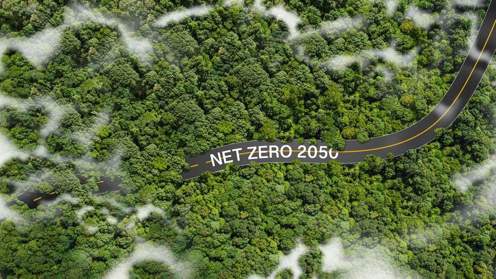 Concept de Zéro Net 2050, Carbone Neutre et Zéro Net dans un environnement naturel à long terme, stratégie climatique neutre en gaz à effet de serre avec pour objectif des émissions nulles.